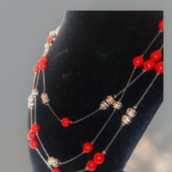 CRMN Roman Necklace Layered 3 Strand Faux Crystal Pearl Gray & Red For Women - Picture 2 of 3